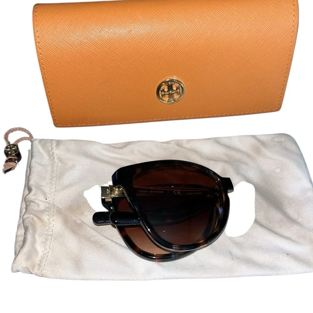 Tory Burch brown tortoise folding sunglasses with dark brown lens
